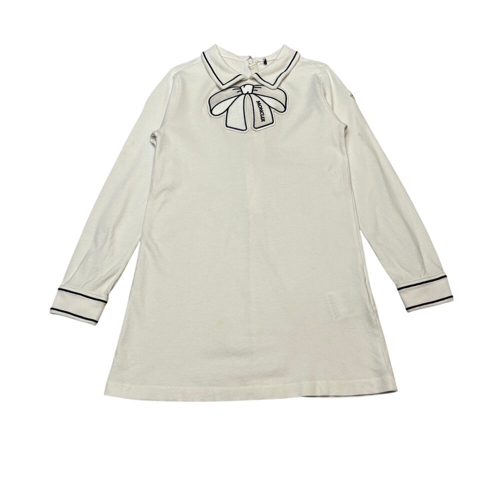 Moncler Kids Embroidered Bow Cotton Pique Long Sleeve Polo Dress Girl's 8 Preppy